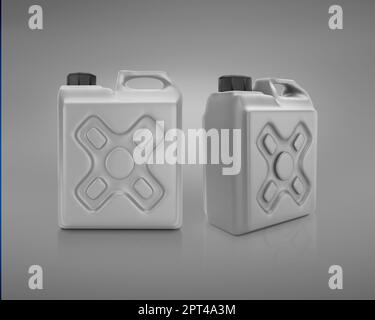 Leere Verpackung, graue Kunststoffgallone auf grauem Hintergrund. 3D-Rendern Stockfoto