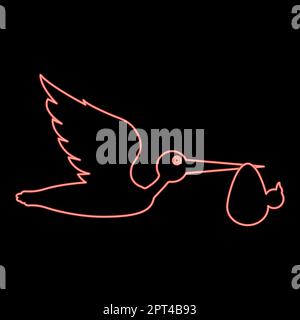 Neonstorch trägt das Baby in der Tasche Fliegender Vogel mit Schnabel Bündel Symbol schwarz Farbe Vektor Illustration flaches Bild rot Vektor Illustration flacher Stil Bild Bild flach Stock Vektor