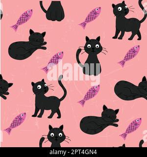 Nahtloses Muster mit süßen Katzen und Fischen Stock Vektor