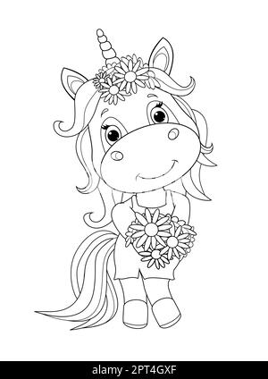 Baby Einhorn mit Blumen, Malbuch, Skizze Stock Vektor