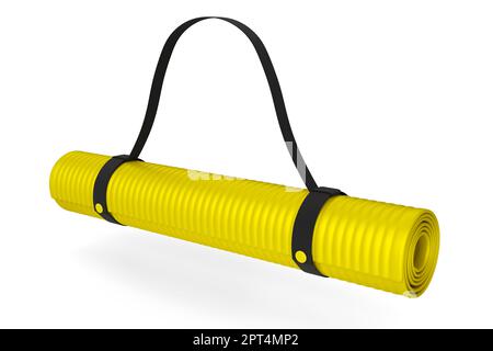 Gelbe Yogamatte oder leichte Schaumstoff-Campingbett-Rollauflage isoliert auf weißem Hintergrund. 3d-Rendering von Sportgeräten für Fitness, Yoga und Active wo Stockfoto