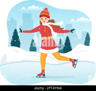 Menschen, die auf der Eislaufbahn Skaten tragen Winterkleidung für Outdoor-Aktivitäten oder Sportveranstaltungen in flachen Cartoon Handgemalte Vorlagen Illustration Stock Vektor