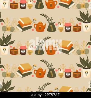 Hygge im Herbst- und Wintermuster am Rand. Niedliches und gemütliches Vektor-Banner mit nahtloser Wiederholung. Illustration von Schals, Fäustlinge, Kaffee, Winterwald f Stockfoto