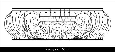 Schmiedeeiserner Balkon. Geländer aus schwarzem Metall mit geschmiedeten Ornamenten auf weißem Hintergrund. Eingang zur Terrasse mit Stahlvektor. Antike VI Stockfoto