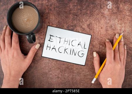 Textunterschrift mit ethischem Hacking, Konzeptfoto ein rechtlicher Versuch, ein Netzwerk für Penetrationstests zu knacken Stockfoto