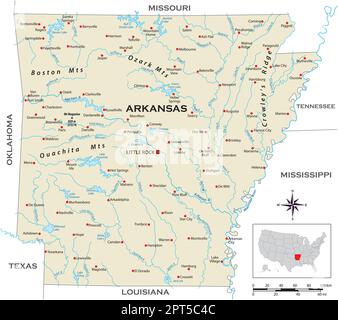 Sehr detaillierte physische Karte des US-Bundesstaates Arkansas Stock Vektor