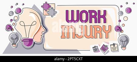 Konzeptionelle Bildunterschrift Arbeitsverletzung, Geschäftsansatz Unfall bei Arbeitsgefahr Unsichere Bedingungen verletzen Trauma Stockfoto