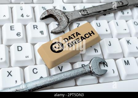 Inspiration zeigt Zeichen Data Breach, Business-Schaufenster Sicherheitsvorfall, bei dem sensible geschützte Informationen kopiert wurden Stockfoto