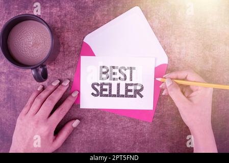 Schild mit dem Titel „Best Seller“, „Word for Book“ oder einem anderen Produkt, das in sehr großen Stückzahlen verkauft wird Stockfoto