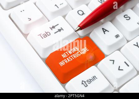 Schild mit der Anzeige der Netzwerkinfrastruktur, der Hardware- und Softwareressourcen für Geschäftsidee und „in and out connection“ Stockfoto