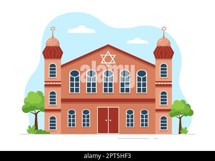 Synagogengebäude oder jüdischer Tempel mit religiösem, hebräischem oder Judentum und Judenanbetung in Vorlage Hand gezeichnete Cartoon flache Illustration Stockfoto