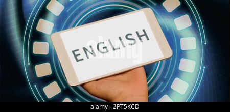 Textunterschrift für Englisch, Unternehmensübersicht Mögliche Kommunikation zwischen Ländern die einzige gemeinsame Sprache Stockfoto