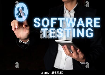 Schreiben mit Text Softwaretest, Aktivität „Geschäftsidee“, um zu überprüfen, ob die Ergebnisse den erwarteten entsprechen Stockfoto