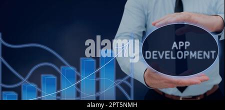 Textunterschrift, die App-Entwicklung, Geschäftsidee, die Computersoftware mit einem speziellen Zweck produziert Stockfoto