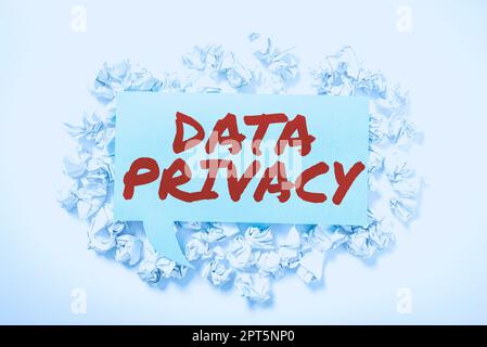 Textüberschrift mit Angaben zum Datenschutz, zum Geschäftskonzept Internetsicherheit und zum digitalen Schutz der Website oder der Landing Homepage Stockfoto
