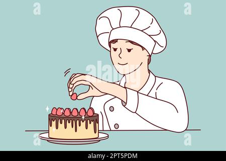 Lächelnder Konditor, der Kuchen mit Obst dekoriert. Glückliche Bäckerin, die das Dessert mit Himbeeren beendet. Küche und Bäckereikonzept. Vektor-Illustration Stockfoto