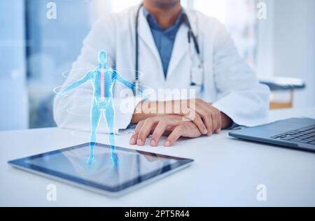 Hände, Tablette und Hologramm mit einem Arzt im Gesundheitswesen zur Hilfe, zum Vertrauen oder zur Diagnose, während er ein 3D ux Dashboard in seinem Büro verwendet. Digital, futuristisch x Stockfoto