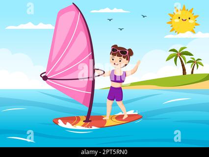 Windsurfen mit Kindern, die auf dem Segelboot stehen und die Segel halten in extremen Wassersportarten flache Cartoon Handgemalte Vorlagen Illustration Stock Vektor