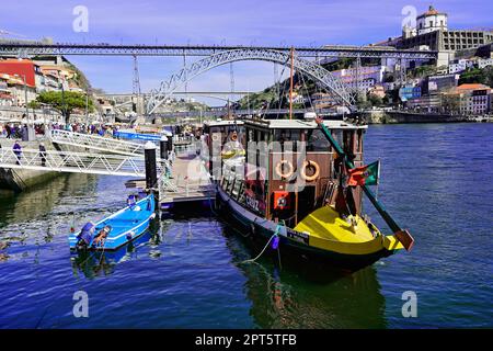 Blick auf die Brücke Dom Luis I über den Fluss Douro und die Dächer von Terrakotta, UNESCO-Weltkulturerbe, Porto, Norte, Portugal Stockfoto