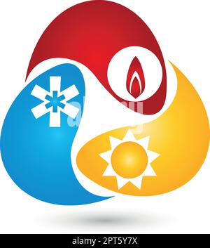 Drei Tropfen mit Sonne, Schnee und Flammen, Klempner, Logo Stock Vektor