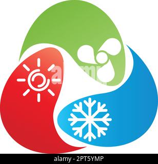 Drei Tropfen mit Sonne, Schneeflocke und Ventilator, Logo für Klimaanlage Stock Vektor