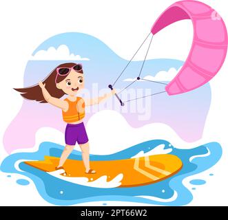 Kitesurfing-Illustration mit Kite Surfer für Kinder, die im Sommer auf dem Kiteboard in extremen Wassersportarten stehen flache, handgezogene Cartoon-Schablone Stock Vektor