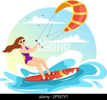 Kitesurfing-Illustration mit Kitesurfer, der im Sommer auf dem Kiteboard steht, in Extreme Water Sports Flat Cartoon handgezeichnete Schablone Stock Vektor