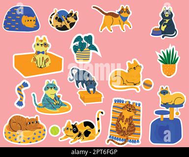 Draw Collection Sticker lustige Katzen kritzeln im Cartoon-Stil Stock Vektor