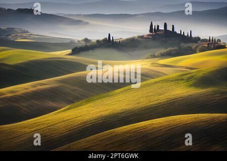 Toskanische neblige Landschaft bei Sonnenaufgang Illustration, 3D-Rendering Stockfoto