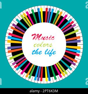 Abstraktes, farbiges Klavier auf weißem Hintergrund mit Nachricht Musik bringt das Leben zum Leuchten Stockfoto