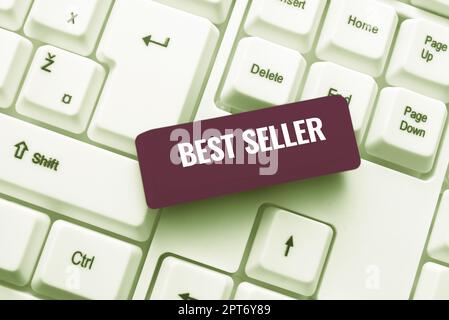 Schild mit dem Titel „Best Seller“, „Word Written on Book“ oder einem anderen Produkt, das in sehr großen Stückzahlen verkauft wird Stockfoto