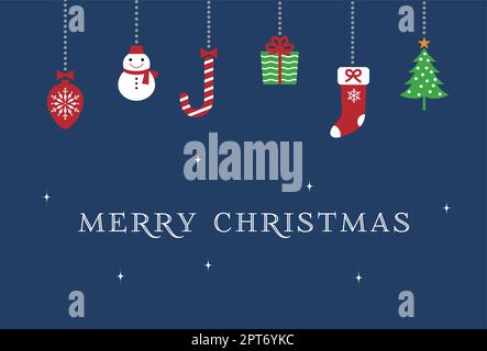 Weihnachtskarten mit Verzierungen (Schneemann, Weihnachtsbaum, Weihnachtsstrumpf, Zuckerstangen, Geschenke, Ziergegenstände) Stock Vektor