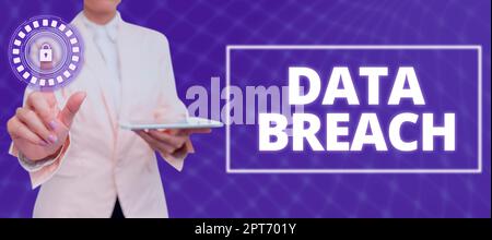 Inspiration zeigt Zeichen Data Breach, Word für Sicherheitsvorfälle, bei denen vertrauliche geschützte Informationen kopiert wurden Stockfoto