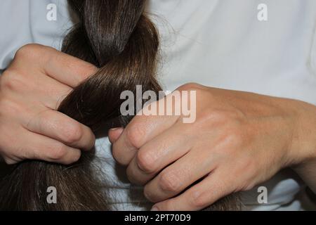 Ein Mädchen mit langen dunklen Haaren flechtet ihre Haare. Nahaufnahme der Hände. Haarpflege. Haarausfall Problem. Stockfoto