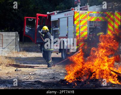 Er lebt dafür. Ein Feuerwehrmann, der sich darauf vorbereitet, ein Feuer zu löschen Stockfoto