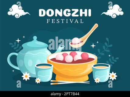 Dongzhi oder Winter Solstice Festival Vorlage Handgezeichnete Cartoon flache Illustration mit Familie genießen chinesisches Essen Tangyuan und Jiaozi Konzept Stockfoto