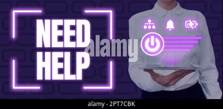Textüberschrift mit „Hilfe erforderlich“, „Geschäftsidee“, wenn jemand unter Druck steht und die Situation nicht bewältigen kann Stockfoto