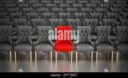 Roter Stuhl ragt zwischen Reihen von grauen Stoffstühlen hervor. 3D Abbildung. Stockfoto