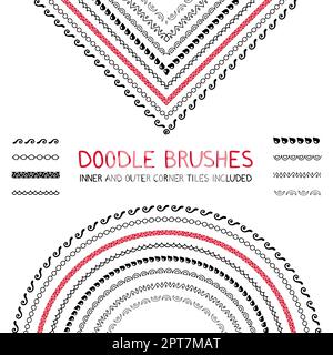 Doodle Pinsel Set mit Innen- und Außenecken, handgezeichnete Vektorgrafik Stockfoto