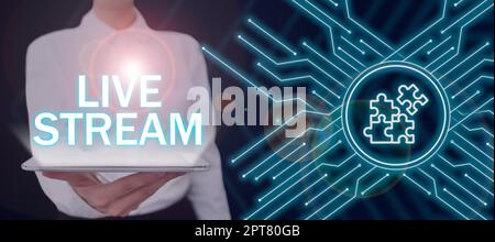 Hand schreiben Zeichen Live Stream, Business-Konzept, um ein Video oder Audio-Material mit der Nutzung des Internets zu übertragen Stockfoto