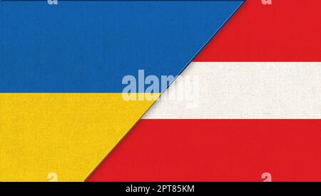 Ukrainische und österreichische Flagge - Abbildung 3D. Zwei Fahnen Zusammen – Stoffstruktur. Europäisches Land. Nationale Symbole der Ukraine und Österreichs Stockfoto