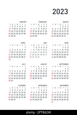 Kalender 2023 Jahr. Schwarz-Weiß-Vektorvorlage. Die Woche beginnt am Sonntag. Grundraster. Quadratischer Taschenkalander. Ready-Design Stockfoto