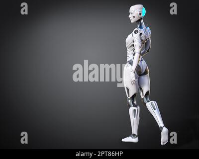 3D Darstellung einer android-Roboterfrau, die mit dem Rücken gegen die Kamera posiert. Grauer Hintergrund. Stockfoto