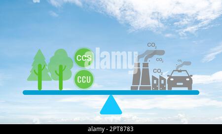 Konzept zur CO2-Neutralität. Reduzierung von Kohlendioxid. CO2 die Gasemissionen werden durch den von Bäumen absorbierten Kohlenstoff und die Technologie zur Kohlenstoffabscheidung ausgeglichen. CO2 neutra Stockfoto