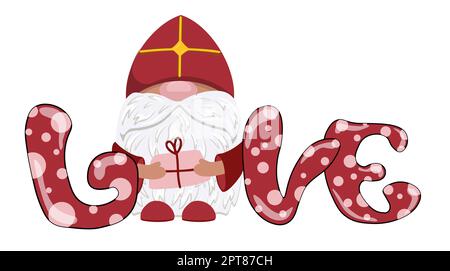 Charakter Zwerg st. nikolaus. Weihnachtsknome mit der Inschrift Liebe. St. Nicolas Day Stockfoto