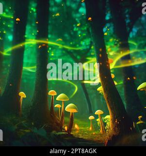 Magisches Licht im dunklen Wald der Nacht. Magisch leuchtende Pilze. 3D Abbildung Stockfoto