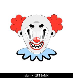 Unheimlicher Clown. Halloween gruselige Cartoon-Figur isoliert auf weißem Hintergrund. Flache Ausführung mit schwarzer Umrandung. Aufkleber, Aufdruck auf Kleidung, Notizbücher und Stockfoto