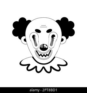 Unheimlicher Clown. Halloween gruselige Cartoon-Figur isoliert auf weißem Hintergrund. Schwarzer Umriss. Aufkleber, Aufdruck auf Kleidung, Notebooks und Handyhüllen. Ve Stockfoto