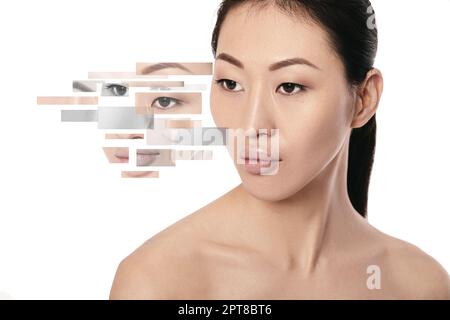 Das Gesicht von vielen verschiedenen farblosen und farbigen Teilen des Porträts. Plastische Chirurgie und Spa Konzept. asiatische Frau Stockfoto