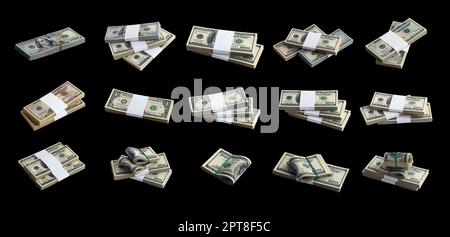 Großer Satz von US-Dollar-Scheinen isoliert auf Schwarz. Collage mit vielen Packungen amerikanischen Geldes mit hoher Auflösung auf perfektem schwarzem Hintergrund CO Stockfoto